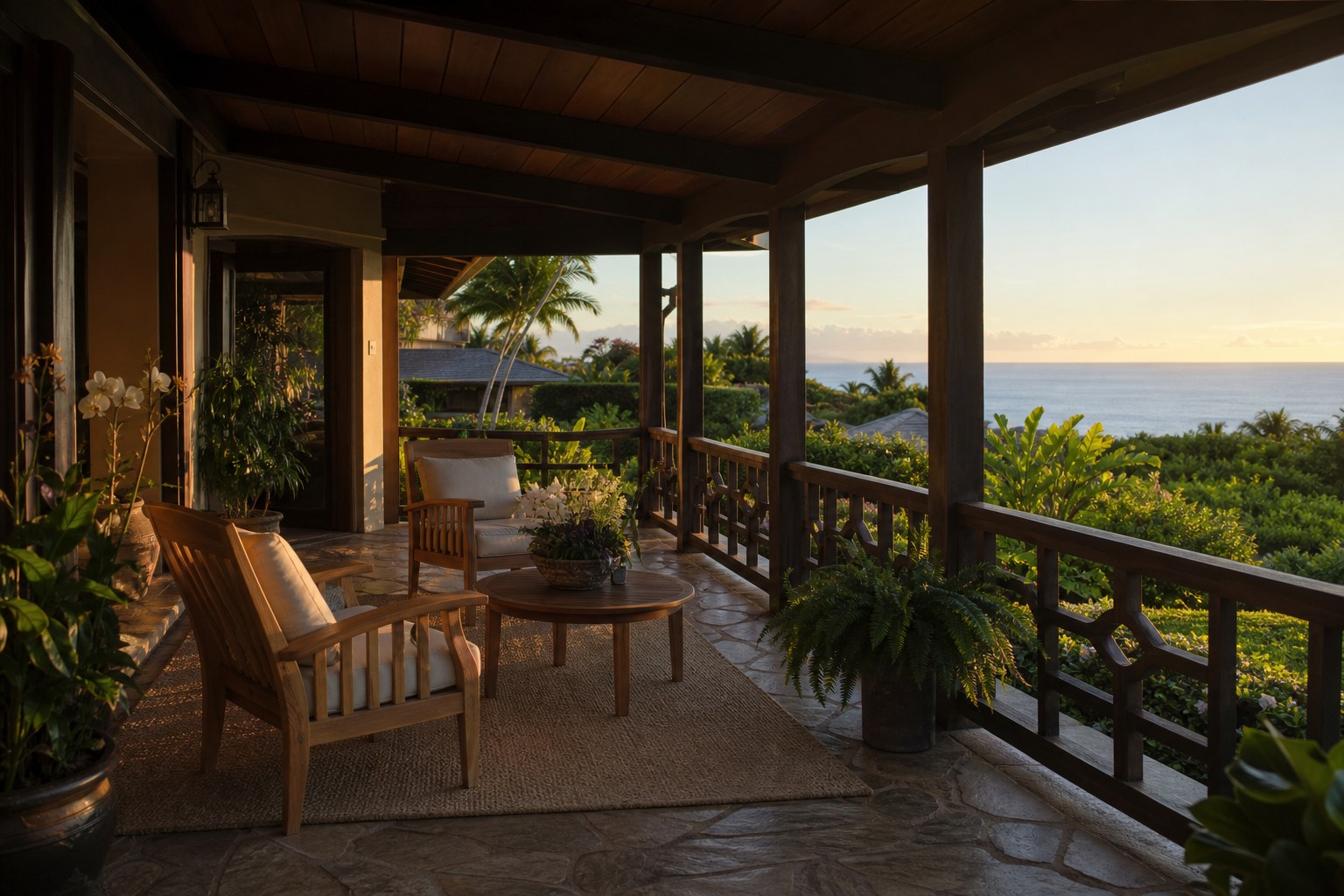 A lanai and garden of an Oahu home in late light