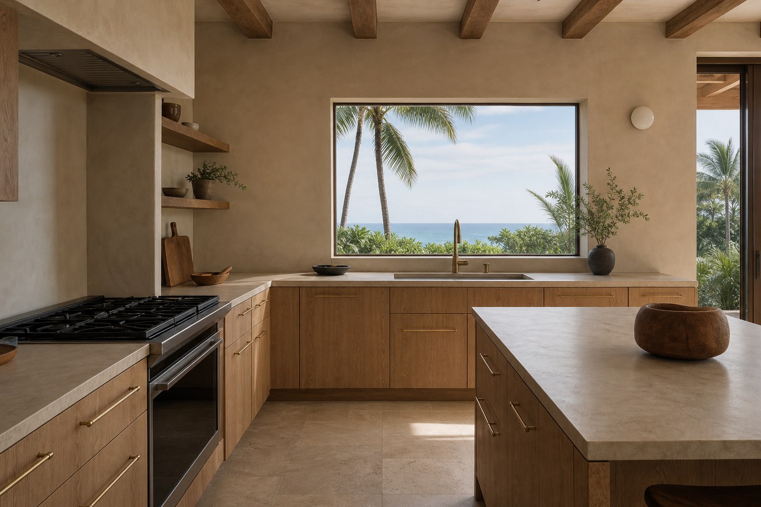 White oak and stone kitchen in an Oahu home