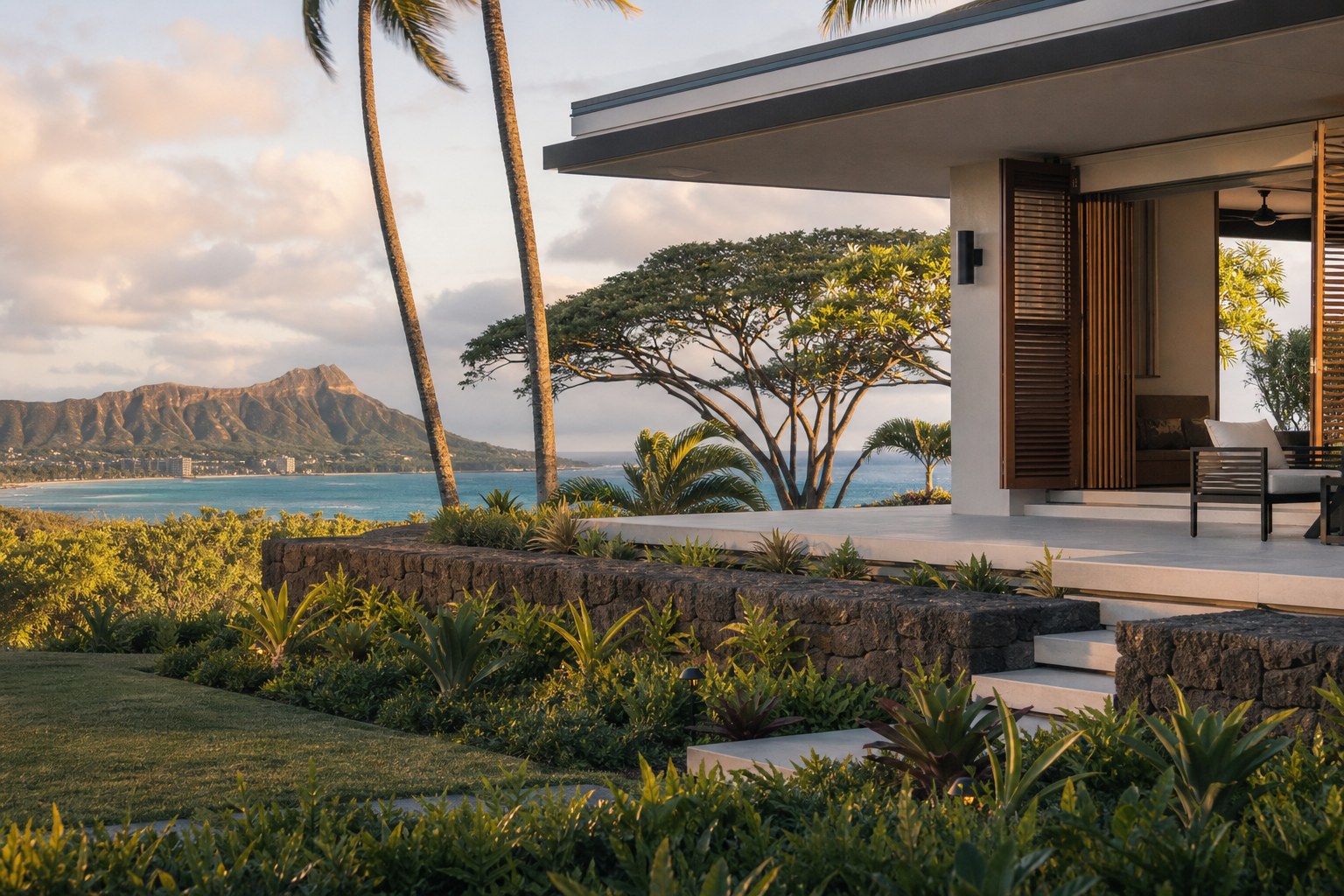 An Oahu home at golden hour with palms and the ocean beyond